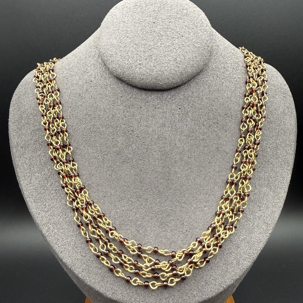 Vintage Multi Strand Gold Tone Chain Necklace Amber Glass Seed Beads Statement - Picture 2 of 7